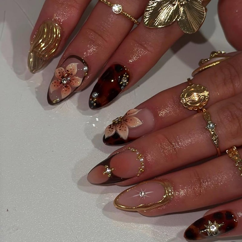 SEENEEY Medium Press on Nails Almond Brown Flowers Stick on Nail for Women 24pcs - Image 2